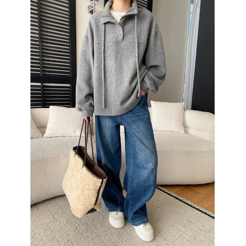 Damen lässiger Fleece-Pullover mit praktischen Knopfdetails und hohem Kragen Drune