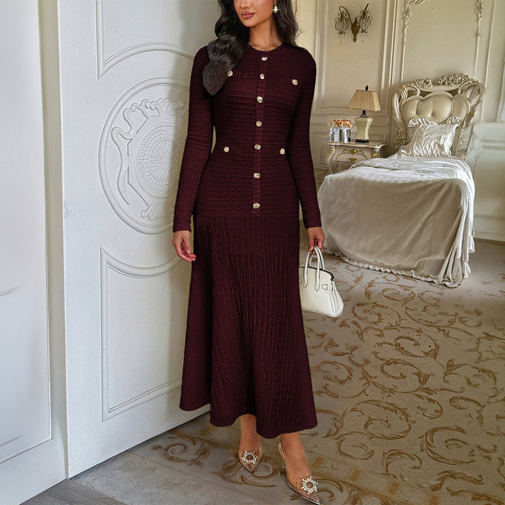 Damen nan tailliertes Maxi-Strickkleid mit durchgehender Knopfleiste und dekorativen Zierknöpfen Drune