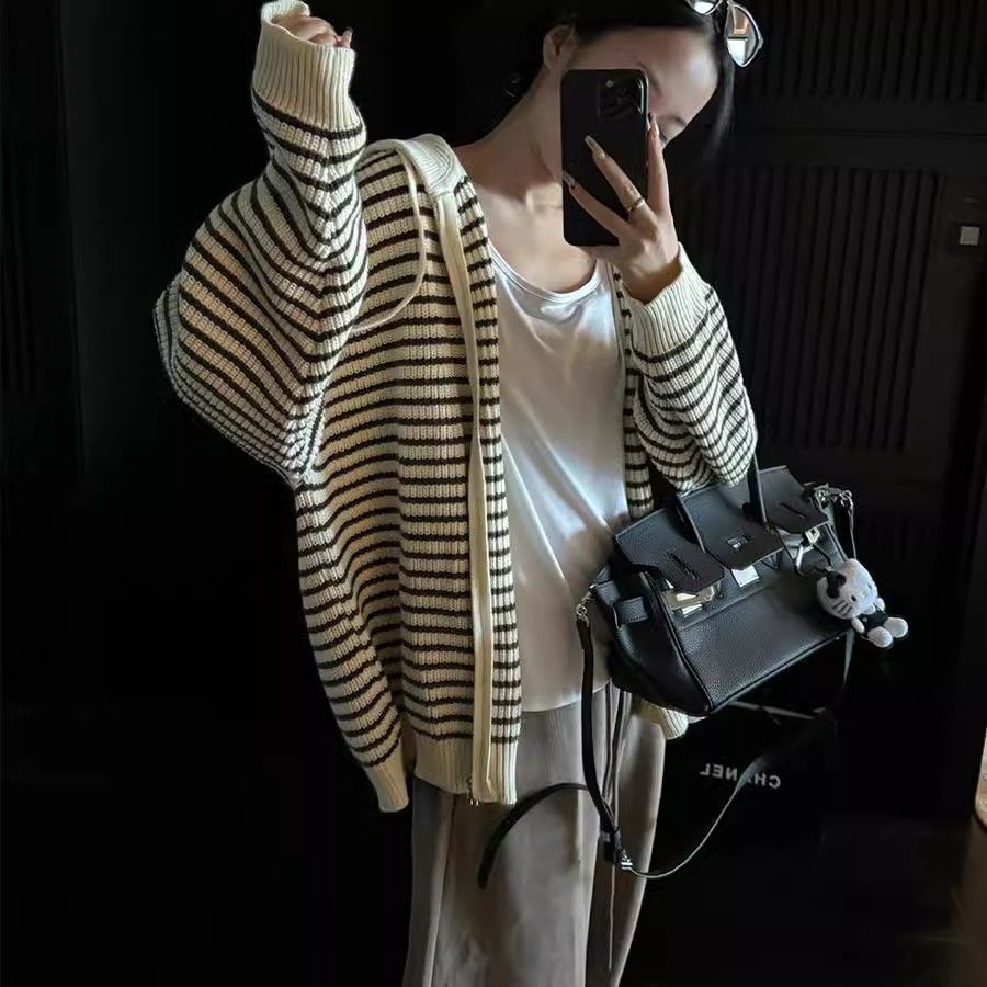 Damen lässige Strickjacke mit Kapuze und Streifenmuster Drune