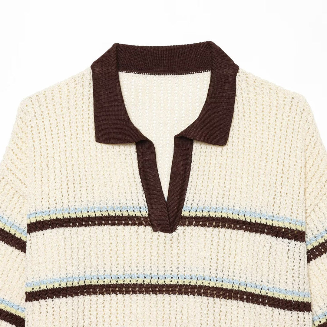 Damen Kurzarm-Polopullover aus Lochstrick mit offenem V-Ausschnitt Drune