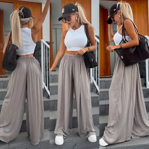 Damen weit geschnittene Palazzo-Hose mit hohem elastischem Bund und fließendem Jersey Drune