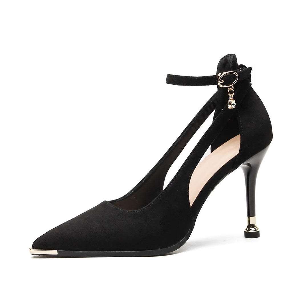 Damen elegante spitze Pumps mit Knöchelriemen Cut-Out-Seiten und zierlichem Kitten-Heel Drune