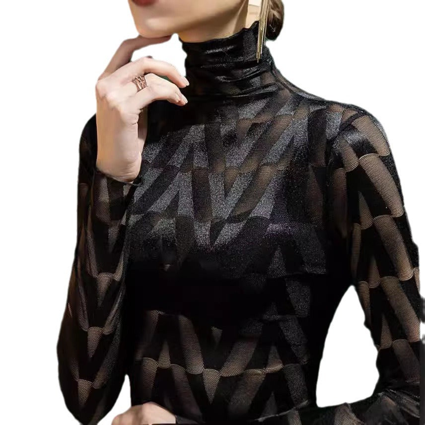 Damen Elegantes Rollkragenoberteil mit geometrischem Muster und transparenten Akzenten Drune