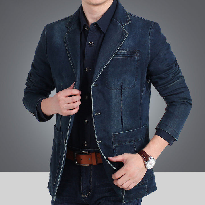 Herren nan Jeansblazer mit Used-Effekt, schmaler Schnitt, Brustleistentasche und aufgesetzten Taschen Drune