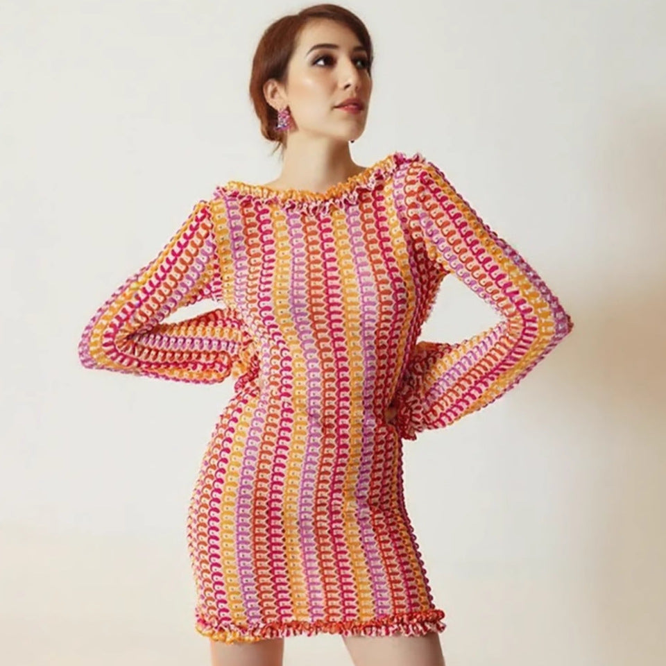 Damen modisches Minikleid mit strukturiertem Wellenmuster und verspieltem Saum Drune