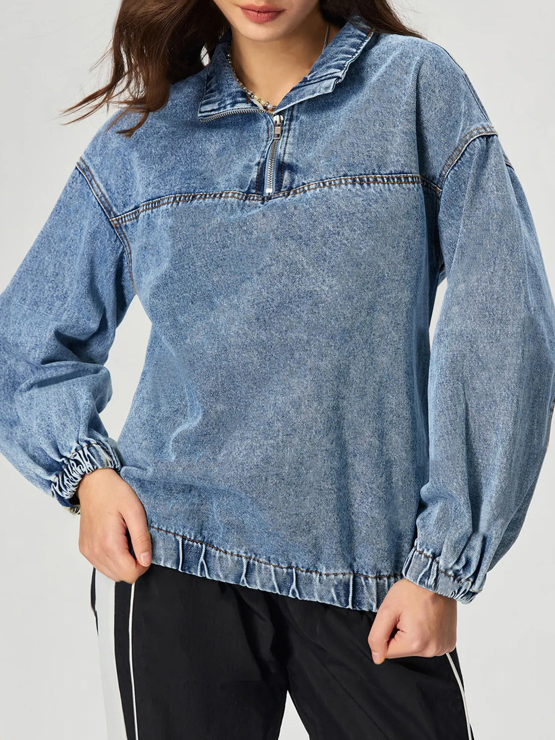 Damen lockeres Denim-Pullover mit Stehkragen und Reißverschluss Drune