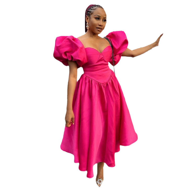 Damen Elegante Off-Shoulder Puffärmel Kleid Drune