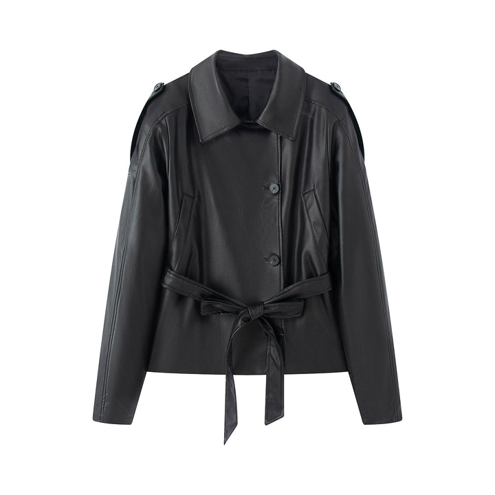 Damen nan kurz geschnittene Trench-Optik Kunstlederjacke mit Bindegürtel und Schulterpatten Drune