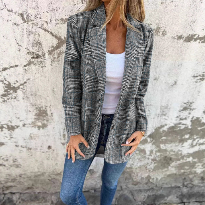 Damen Lockerer Glencheck-Blazer mit Reverskragen, Pattentaschen und Ein-Knopf-Verschluss Drune