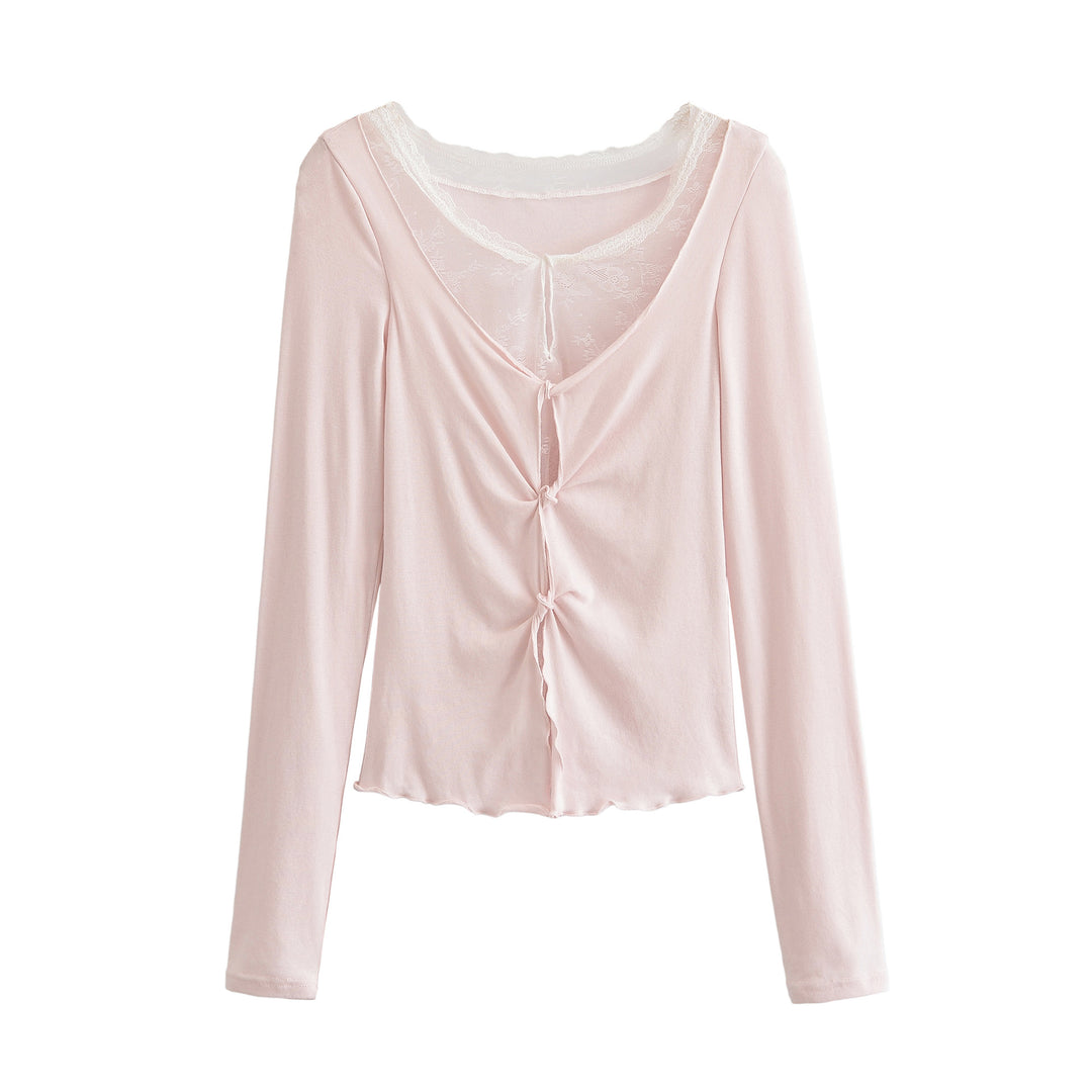 Damen Langarm-Feinjersey-Top mit Spitzen-Einsatz, Knotenfront und Raffung Drune