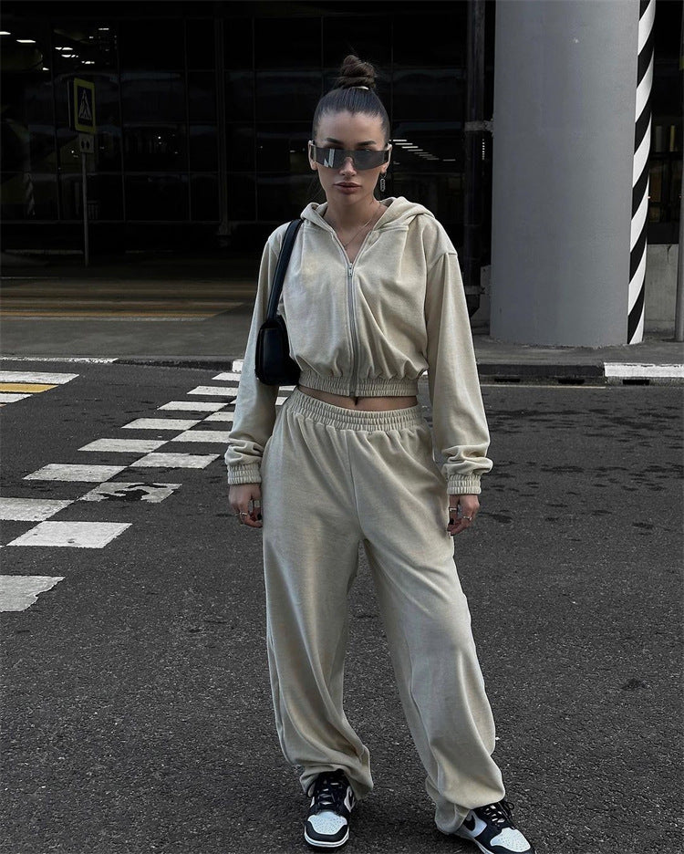 Damen Cropped-Samt-Trainingsset mit verkürzter Reißverschluss-Kapuzenjacke und fließender Palazzo-Jogginghose Drune