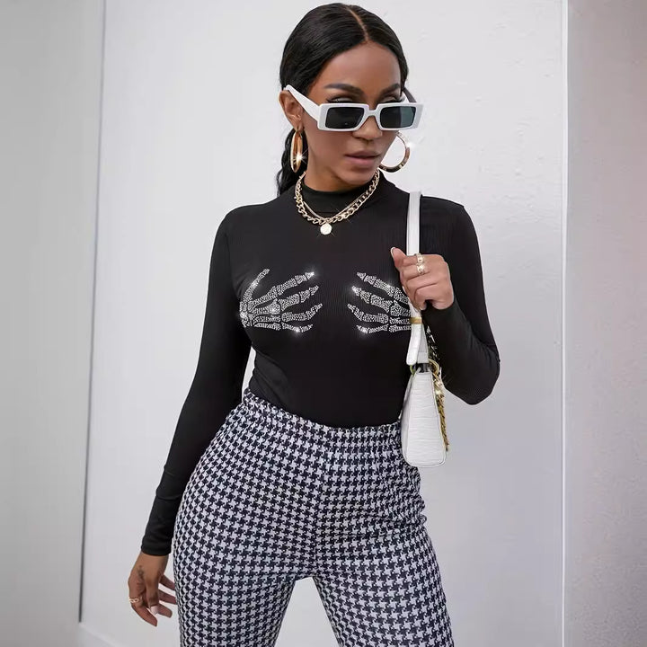 Damen nan figurbetontes transparentes Netz-Langarmshirt mit hohem Kragen und Strass-Skelettmotiv Drune