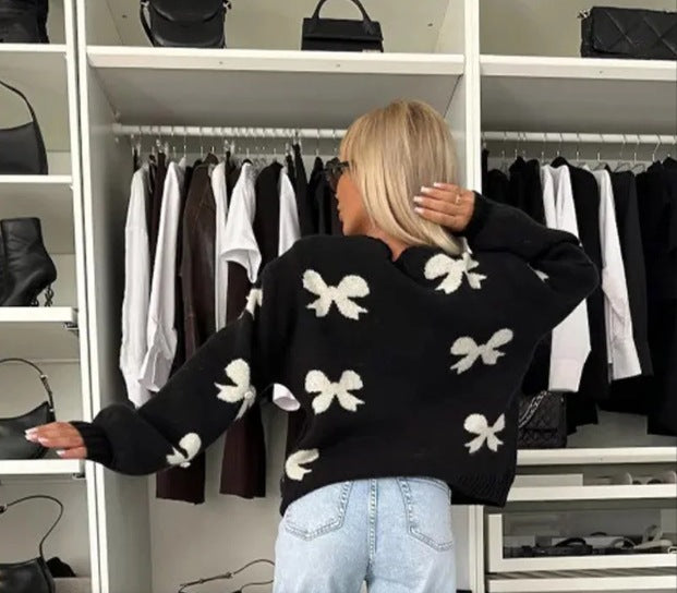 Damen Strickjacke mit dekorativen Schleifen und glänzenden Akzenten Drune