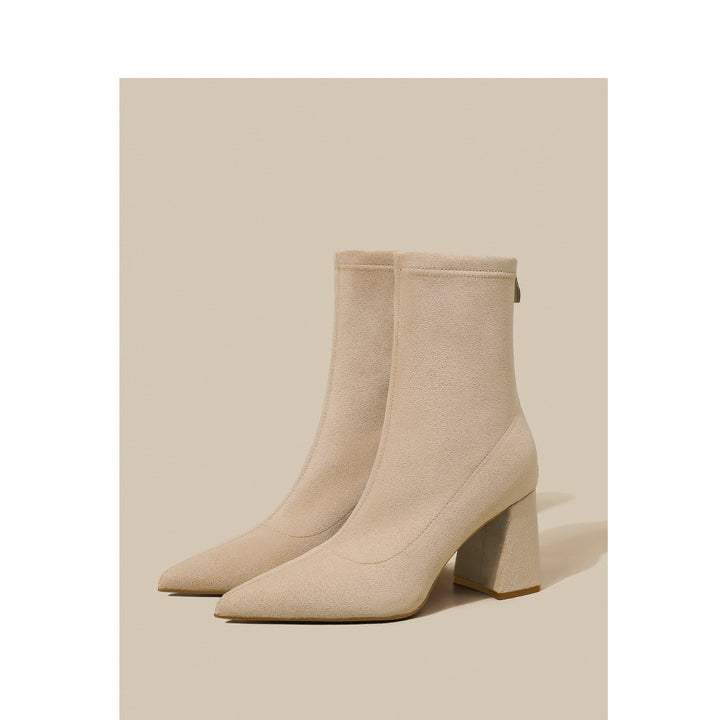 Damen Spitze Sock‑Ankle‑Boots mit skulpturellem Blockabsatz und Stretch‑Veloursoptik Drune