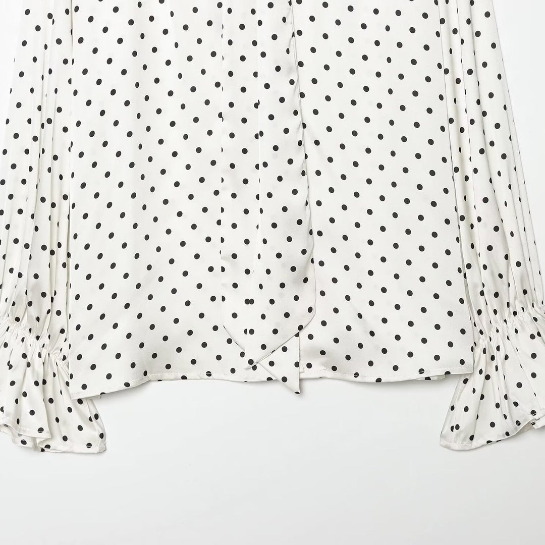 Damen Bluse mit Schleifenkragen, Tupfenmuster und Volantärmeln Drune