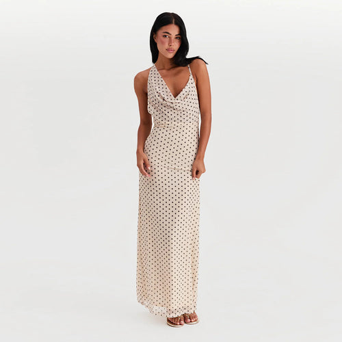 Damen Maxikleid mit elegantem Wasserfallausschnitt und Punktedesign Drune
