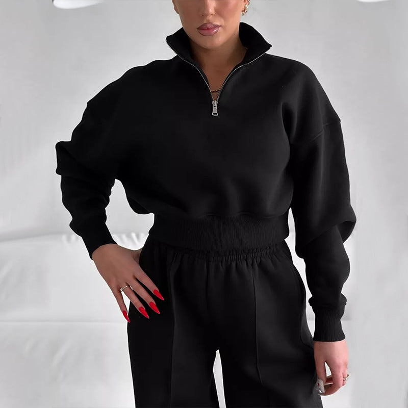 Damen Zweiteiliges Cropped-Halbzip-Sweatset mit Stehkragen und elastischer High-Waist-Jogginghose Drune