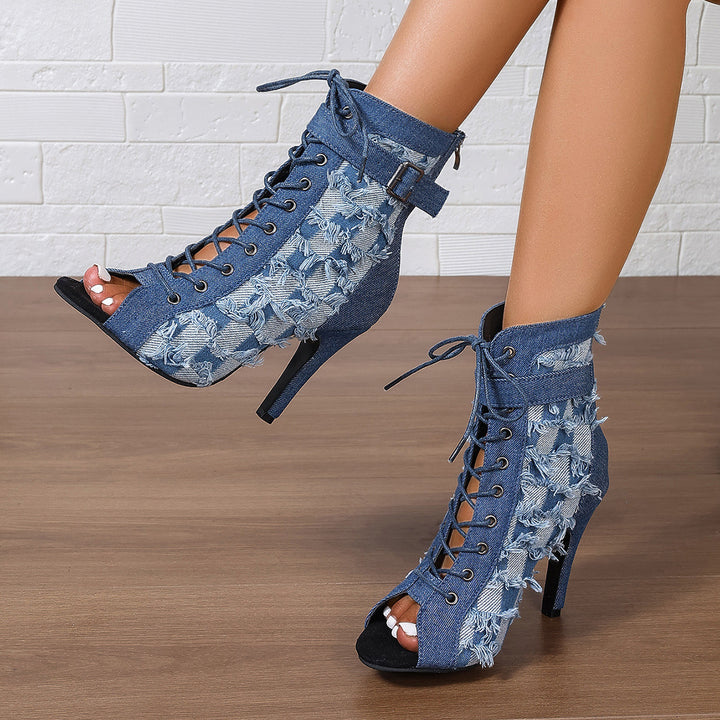 Damen nan Jeans-Schnürstiefeletten mit offener Zehenpartie fransiger Patchwork-Optik und hohem Stilettoabsatz Drune