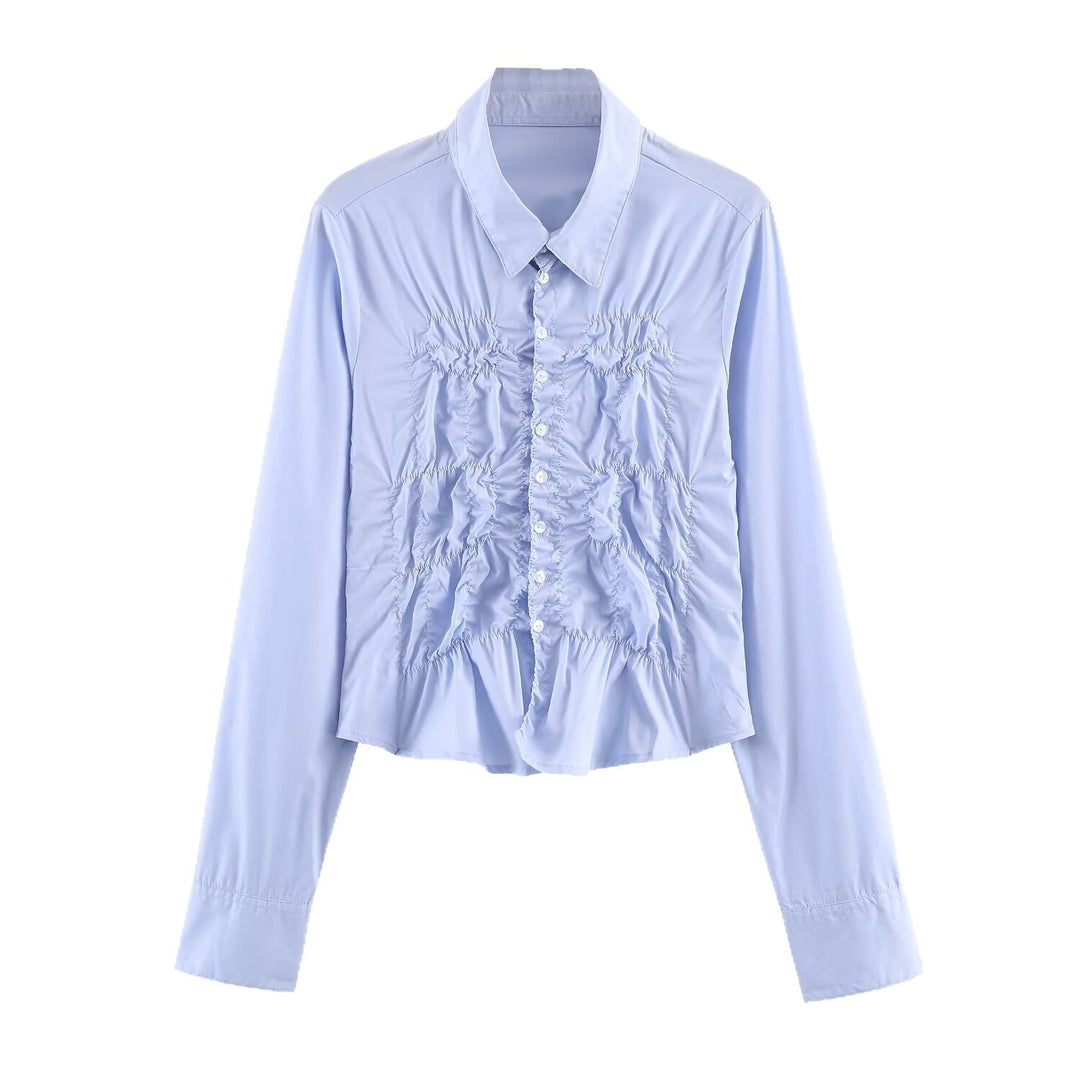 Damen Hemdbluse mit Smock‑Raffung und klassischem Kragen Drune