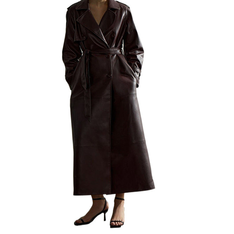 Damen modischer Kunstleder-Trenchcoat mit Gürtel und praktischen Taschen Drune