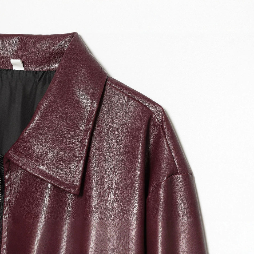 Damen Cropped Kunstleder-Bomberjacke mit Hemdkragen und elastischem Saum Drune