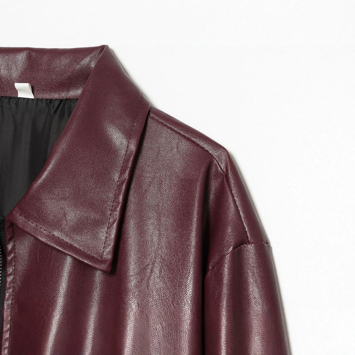 Damen Cropped Kunstleder-Bomberjacke mit Hemdkragen und elastischem Saum Drune