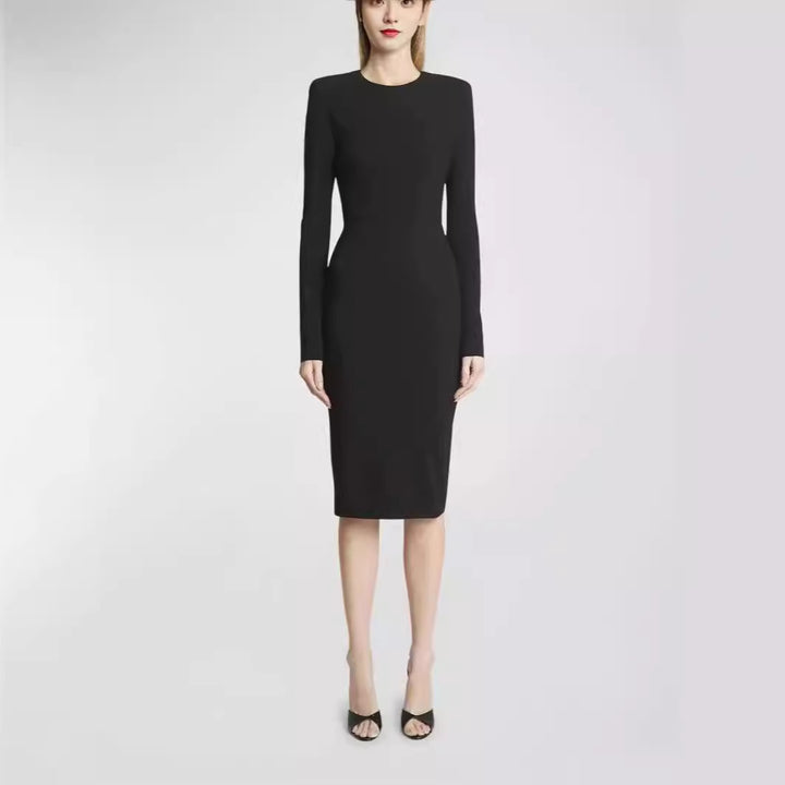 Damen Figurbetontes Midikleid mit Rundhalsausschnitt und langen Ärmeln Drune