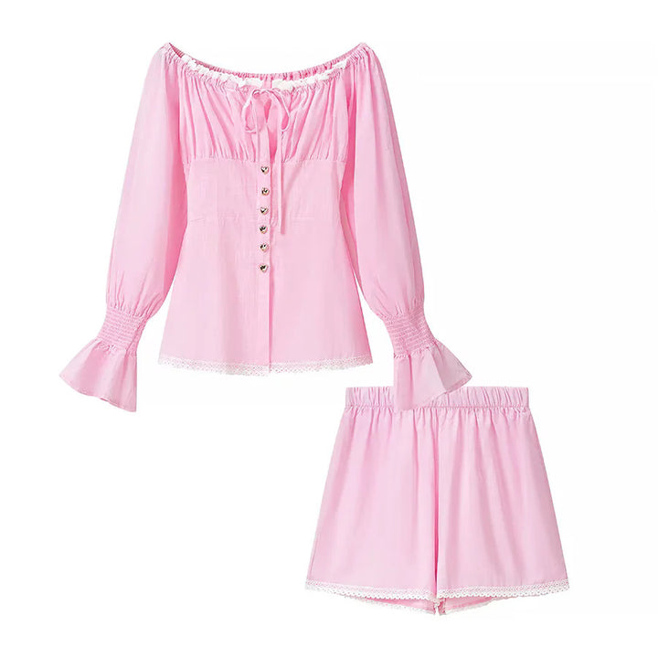Damen nan zweiteiliges schulterfreies Schlafanzug-Set mit Spitzenbesatz, Herzknopf-Leiste und elastischer Shorts-Bund Drune