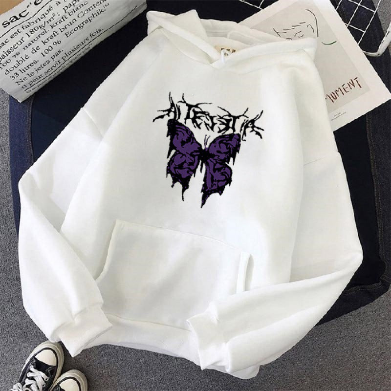 Damen nan Oversize-Kapuzenpullover mit gothischer Schmetterlings-Illustration und Kängurutasche Drune