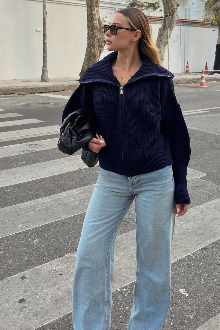 Damen Oversized Strickjacke mit hohem Kragen und Reißverschluss Drune