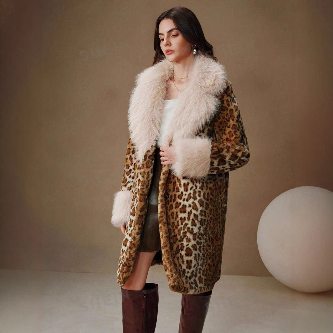 Damen Midilanger Kunstpelzmantel im Animal-Look mit abgesetztem Langhaar-Kragen und Manschetten Drune
