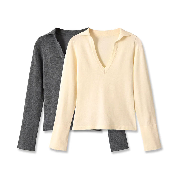 Damen Feinstrick-Longsleeve mit tiefem V-Ausschnitt und Hemdkragen Drune