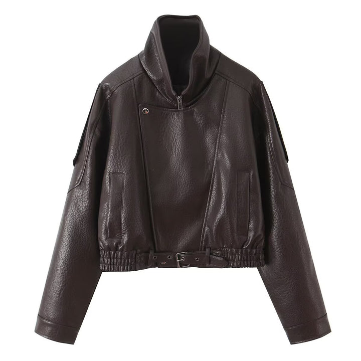 Damen Cropped Bikerblouson aus veganer Lederoptik mit asymmetrischer Frontpatte und Taillenbund Drune