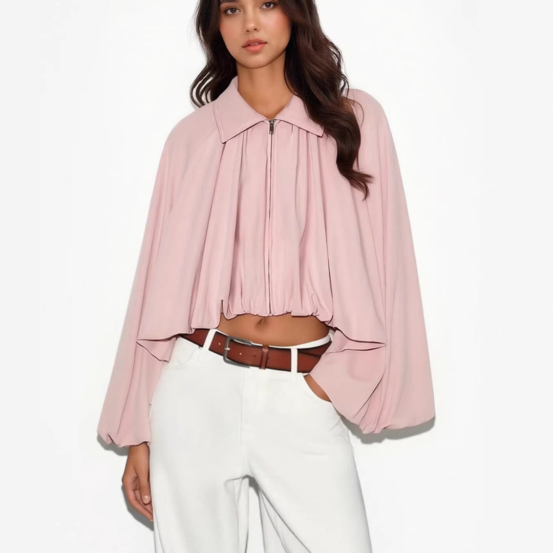 Damen Kurze Cape-Jacke mit voluminösen Ballonärmeln, Stehkragen und Reißverschluss Drune