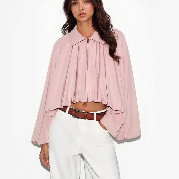 Damen Kurze Cape-Jacke mit voluminösen Ballonärmeln, Stehkragen und Reißverschluss Drune