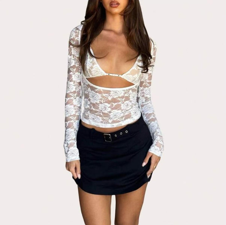 Damen Transparente Spitzenbluse mit tiefem V-Ausschnitt und Cut-Out-Details Drune