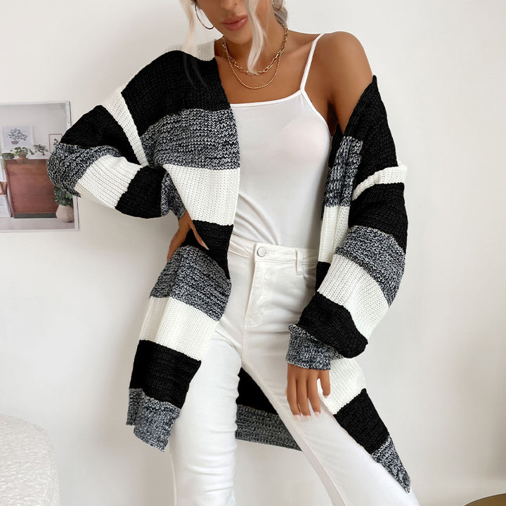 Damen Langer Oversize-Strickcardigan mit Blockstreifen und offener Front Drune