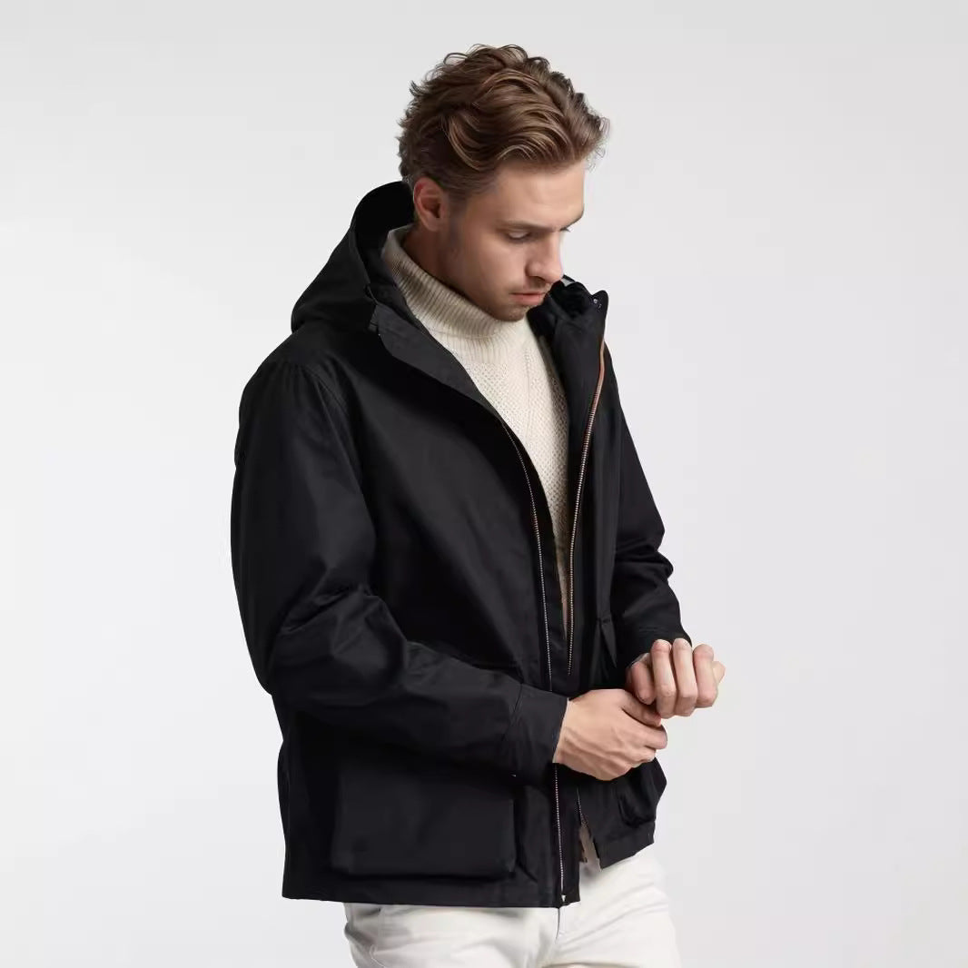 Herren Kurze wetterfeste Kapuzenjacke im Field-Style mit großen Pattentaschen Drune
