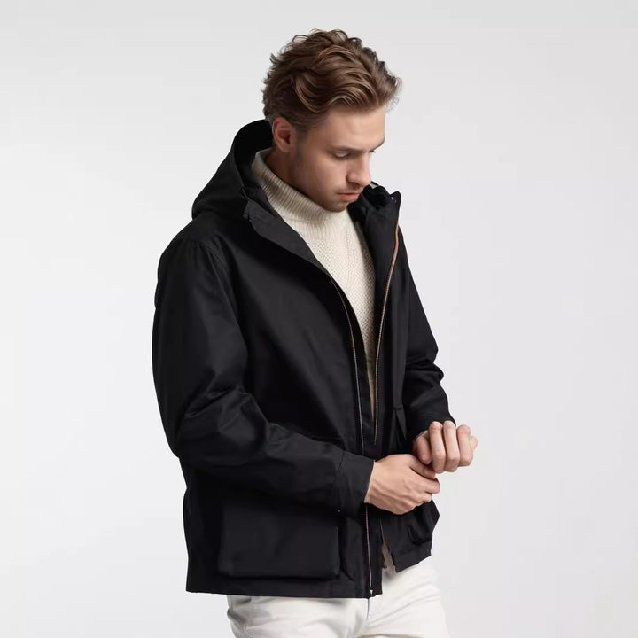 Herren Kurze wetterfeste Kapuzenjacke im Field-Style mit großen Pattentaschen Drune