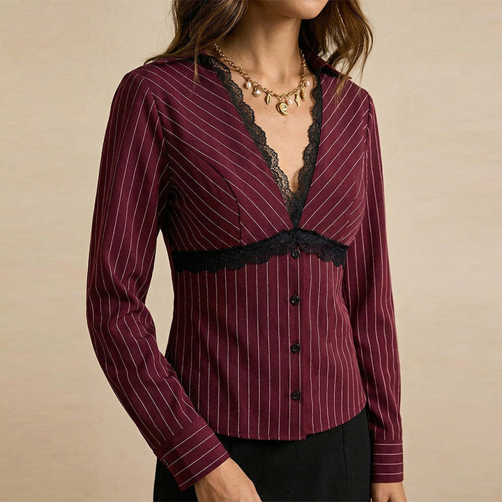 Damen Elegantes Blusenshirt mit Spitzen- und Streifenmuster Drune