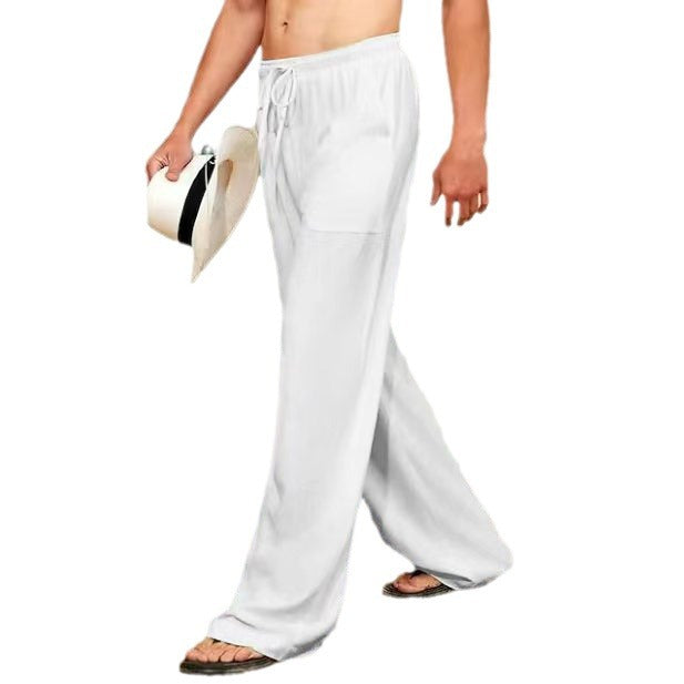 Herren weite Leinenhose mit Tunnelzug, aufgesetzten Seitentaschen und Relaxed-Fit Drune