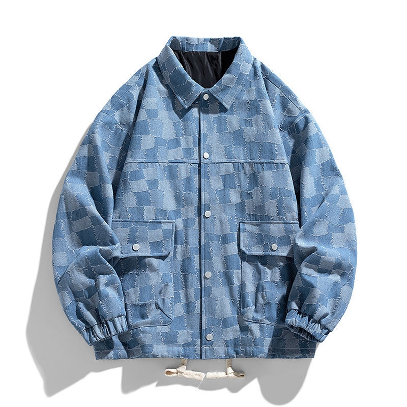 Herren Oversize-Jeansjacke im Karo-Look mit Druckknöpfen, Pattentaschen und Kordelzug Drune