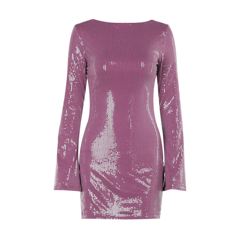 Damen elegantes Minikleid mit funkelnden Pailletten und langen Ärmeln Drune
