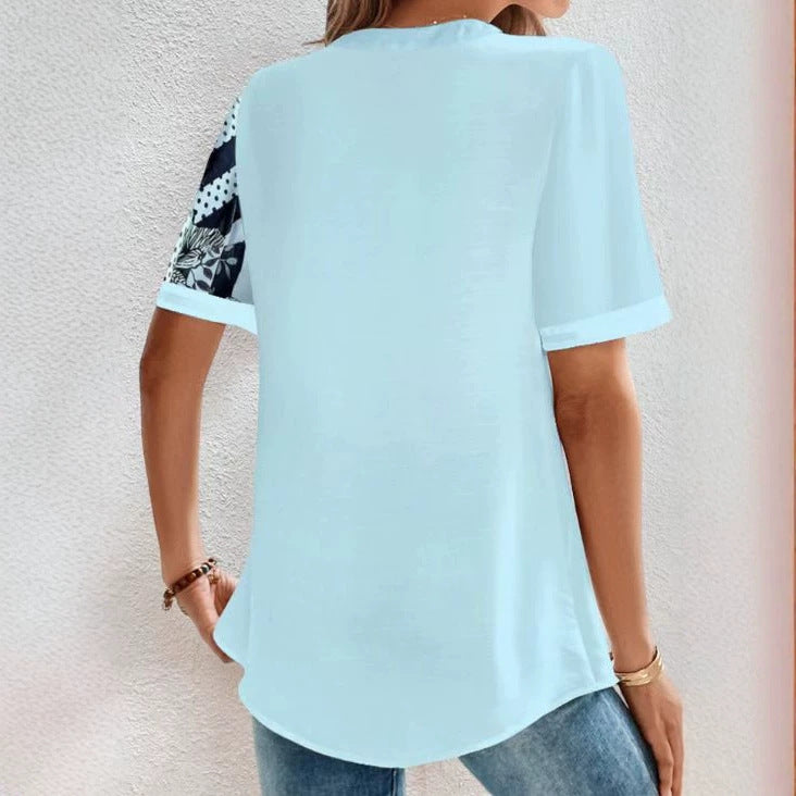 Damen nan zweigeteilte Hemdbluse mit asymmetrischem Muster-Mix, Knopfleiste und lockerer Hüftlänge Drune