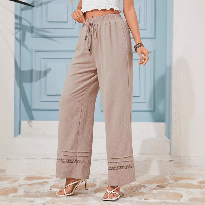 Damen Weite Leinenoptik-Hose mit hohem Gummibund, Bindekordel und Spitzeneinsatz Drune