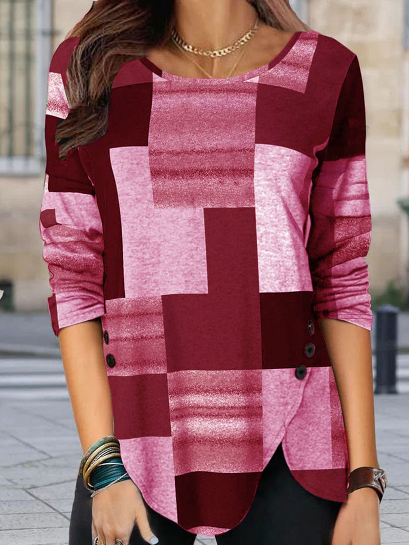 Damen gemustertes Langarm-Tunika-Shirt mit asymmetrischem Saum und dekorativer Knopfleiste Drune
