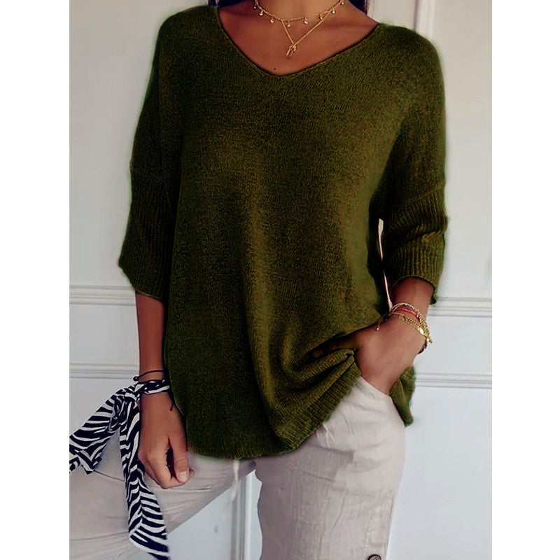 Damen nan locker sitzender V-Ausschnitt Feinstrickpullover mit dreiviertelÄrmeln Drune