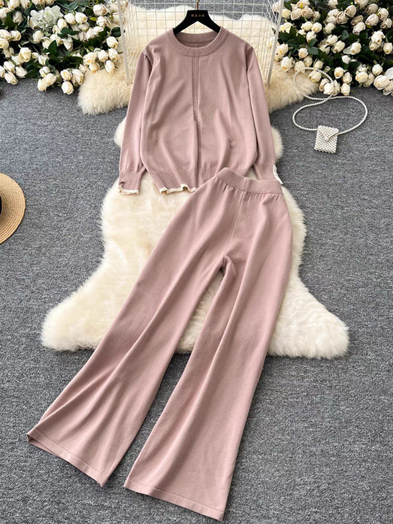 Damen modisches und bequemes Strick-Loungewear-Set mit weitem Bein Drune
