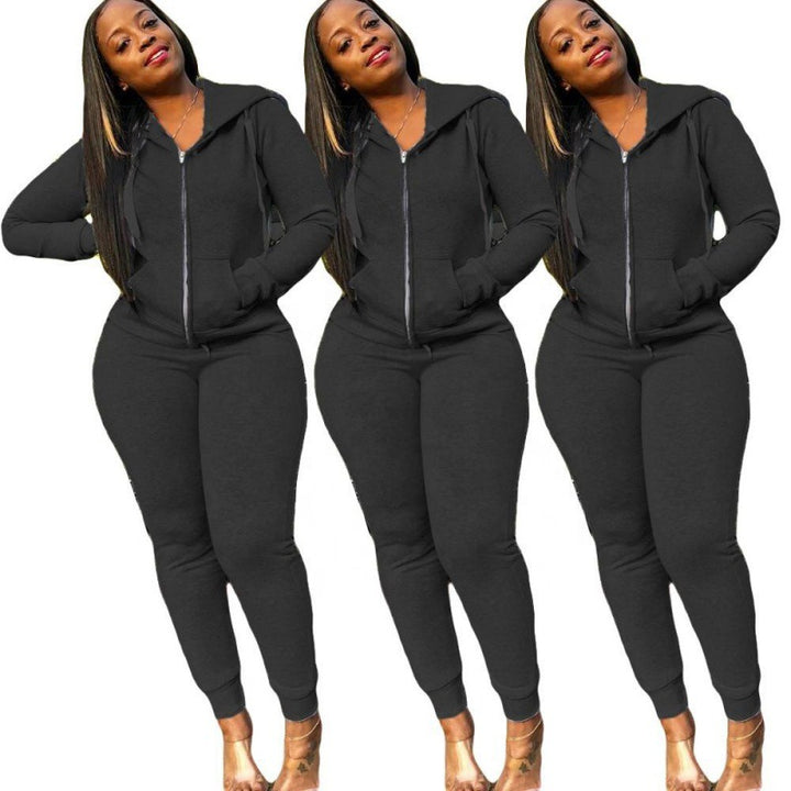 Damen tailliertes Kapuzen‑Sweatdress‑Set mit Reißverschluss und enganliegender Jogginghose Drune