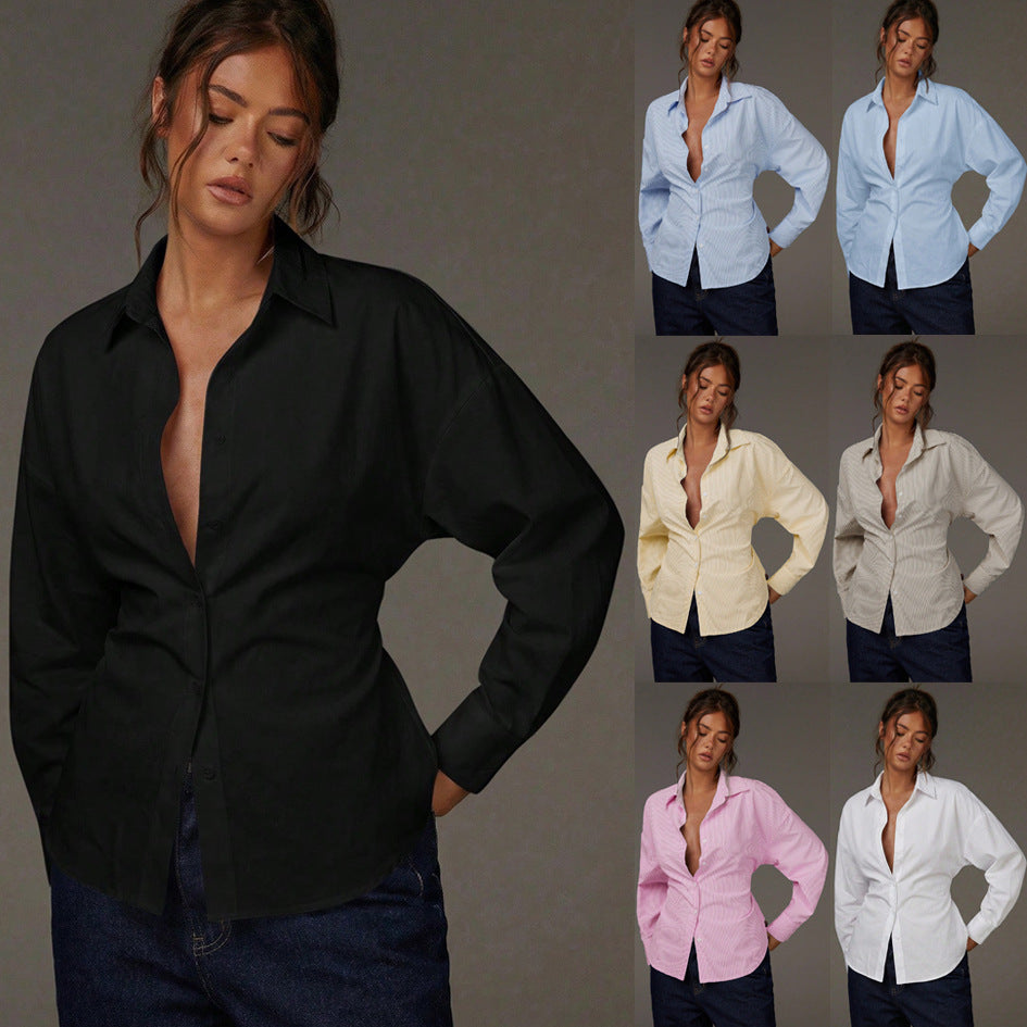 Damen Oversize Hemdbluse mit Nadelstreifen, überschnittener Schulter und taillierter Raffnaht Drune
